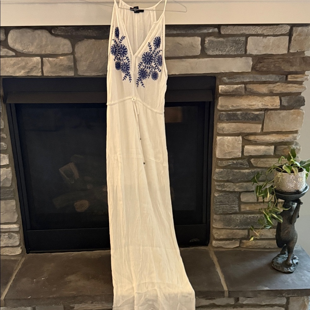 Forever 21 White Maxi Dress with Blue Embroidery